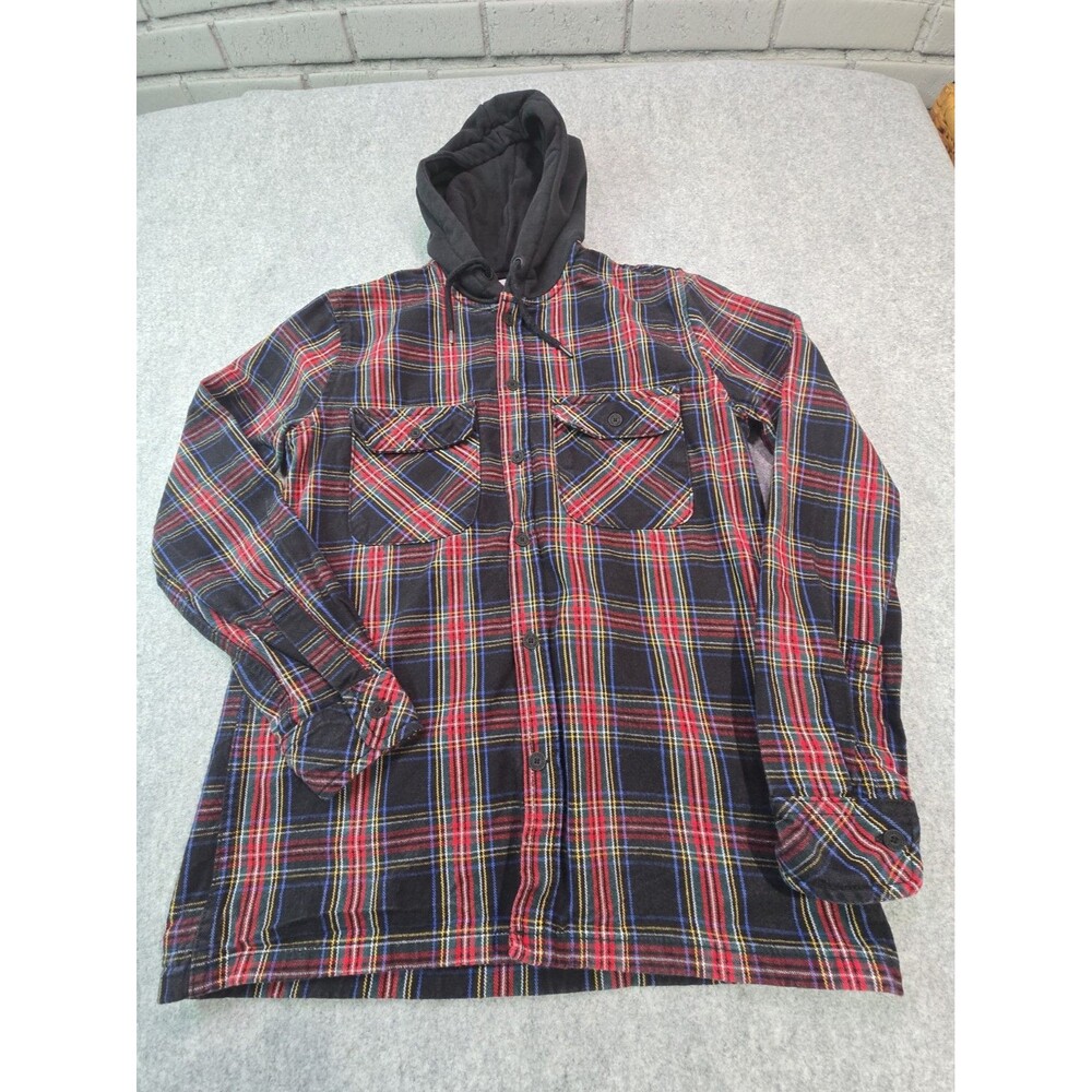 ZARA Mens M Relaxed Fit Plaid Hooded Shirt Jacket Black Red Blue Flannel